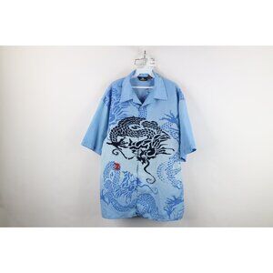Vintage 90s Y2K Streetwear Mens Large Tribal Dragon Looped Collar Button Shirt